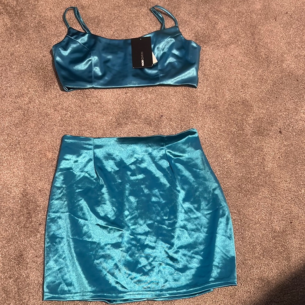 skirt set from fashion nova very cute and silky blue